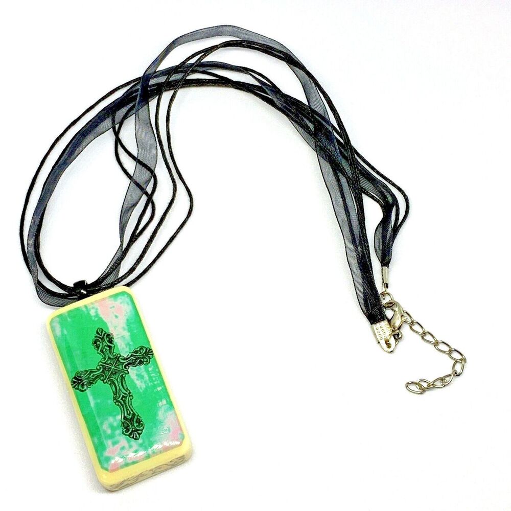 Domino Necklace Pendant Handmade Black Cross Green Pink 18 Inch Chain Bones Rare